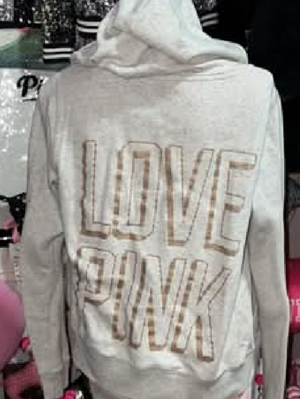 PINK Victoria's Secret Cream Hoodie with Gold 'LOVE PINK' Back Print